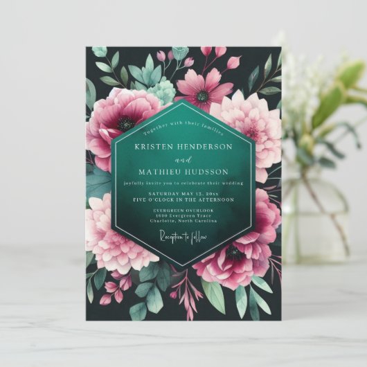 Teal Floral Nocturne Wedding Kaart (Staand voorkant)