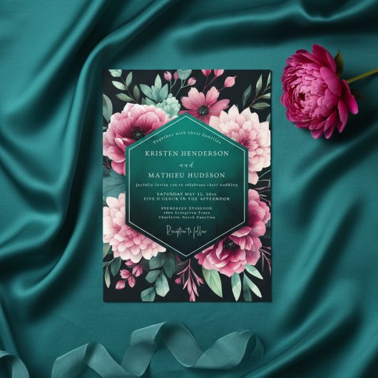 Teal Floral Nocturne Wedding Kaart