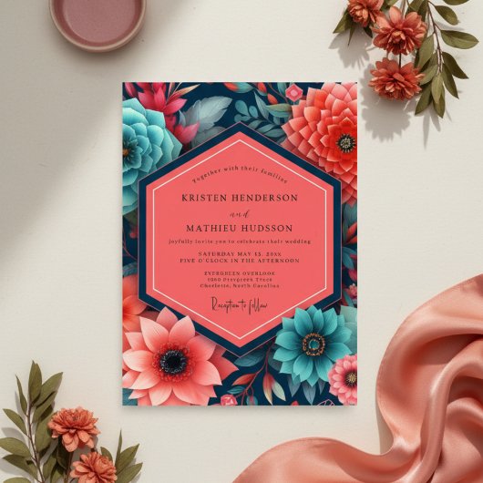 Teal Floral Opulence Wedding Kaart