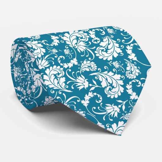 Teal Floral Pattern Custom Necktie Stropdas (Opgerold)
