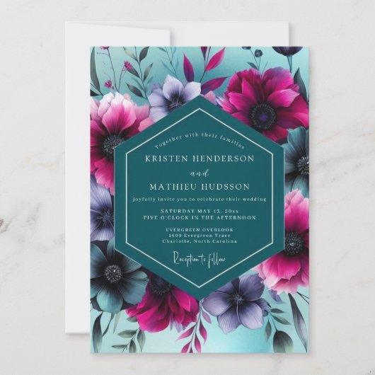 Teal Floral Whimsy Wedding Kaart (Voorkant)