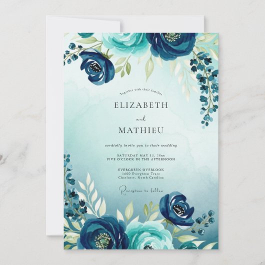 Teal Flourishing Watercolor Wedding Kaart (Voorkant)