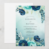 Teal Flourishing Watercolor Wedding Kaart (Voorkant / Achterkant)