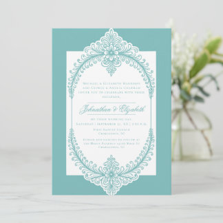 Teal French Flourish Frame Wedding Kaart