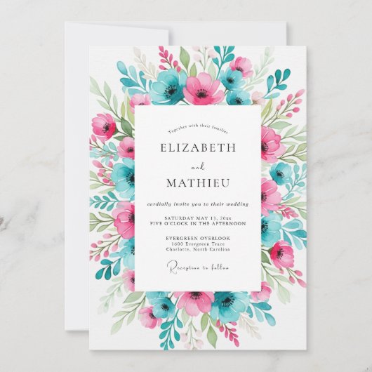 Teal Fuchsia Lively Spring Wedding Kaart (Voorkant)