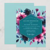 Teal Fuchsia Moody Bloom Bruiloft Kaart (Voorkant / Achterkant)