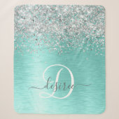 Teal Geborsteld Metaal Zilver Glitter Monogram Naa Sherpa Deken (Voorkant)