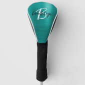 Teal Geborsteld Metaal Zwart Wit Schrift Monogram Golfheadcover (Voorkant)