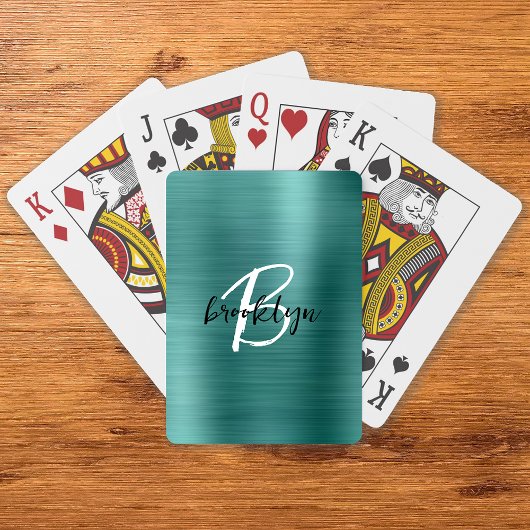 Teal Geborsteld Metaal Zwart Wit Script Monogram  Pokerkaarten