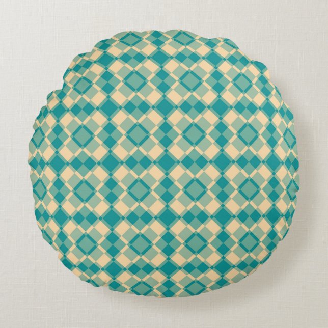 Teal Geel Geruit Argyle Patroon Rond Kussen (Voorkant)