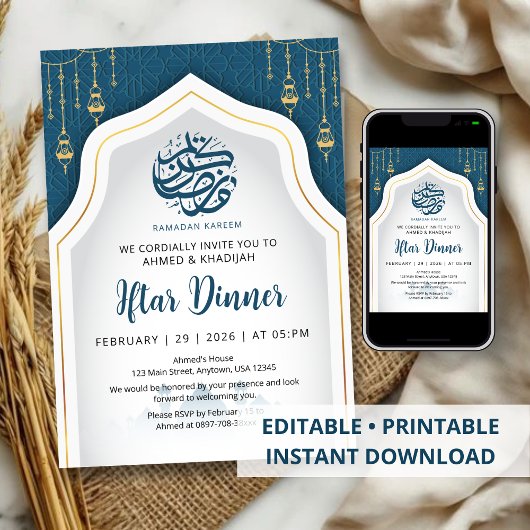 Teal Geometric Arch Ramadan Iftar Invitation Kaart