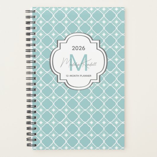 Teal Geometric Pattern Custom Monogram Name Planner (Voorkant)