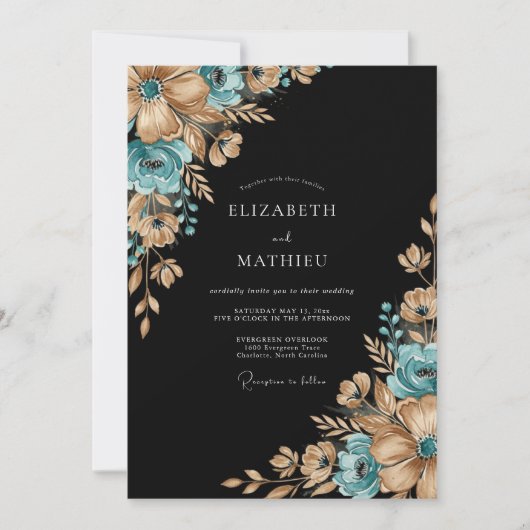 Teal Gilded Botanical Romance Wedding Kaart (Voorkant)