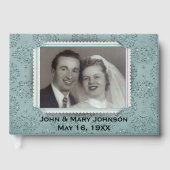 Teal Glitter Damask with Photo Frame Guest Book Gastenboek (Voorkant)