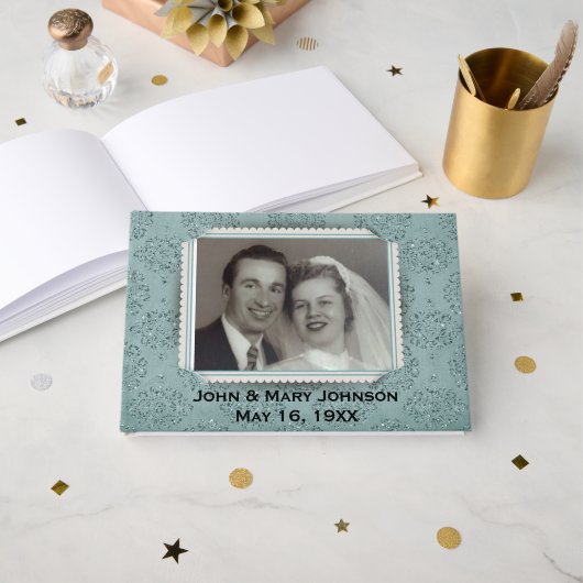 Teal Glitter Damask with Photo Frame Guest Book Gastenboek (Voorkant open)