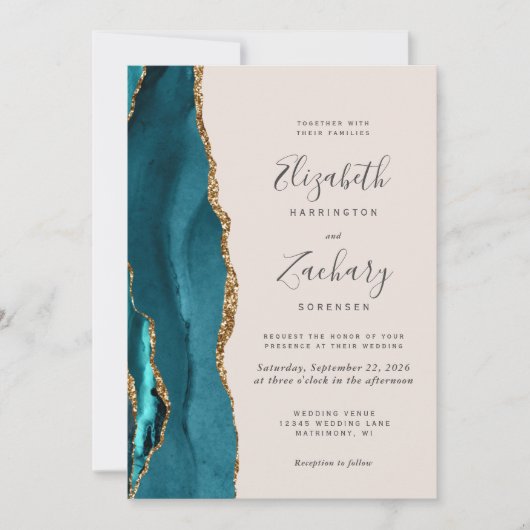 Teal Gold Agate Beige Wedding Kaart (Voorkant)