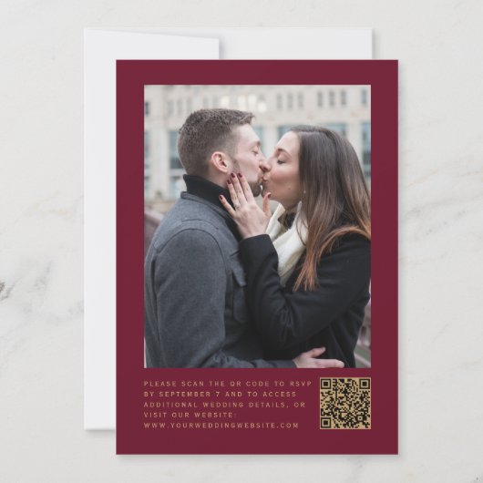 Teal Gold Agate Burgundy Photo QR Code Wedding Kaart (Achterkant)