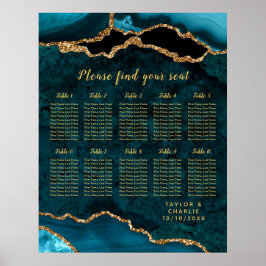 Teal Gold Agate Trouw Stoelenplattegrond 10 Tafels Poster