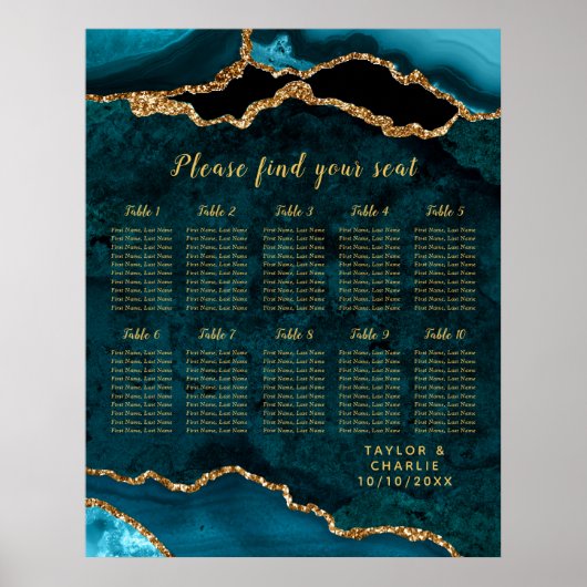 Teal Gold Agate Trouw Stoelenplattegrond 10 Tafels Poster (Voorkant)