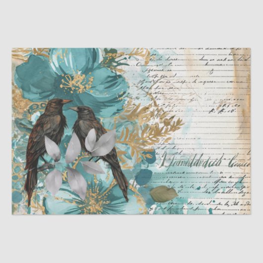 Teal & Gold Distressed Floral & Ravens Tissuepapier (Voorkant)
