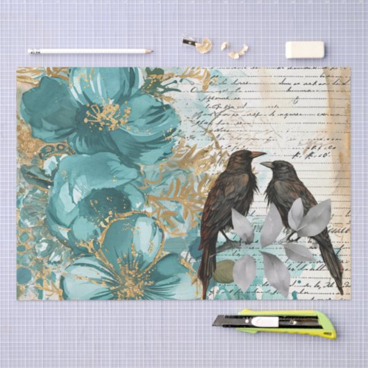 Teal & Gold Distressed Floral & Ravens Tissuepapier (Craft)
