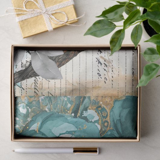 Teal & Gold Distressed Floral & Ravens Tissuepapier (Geschenk)