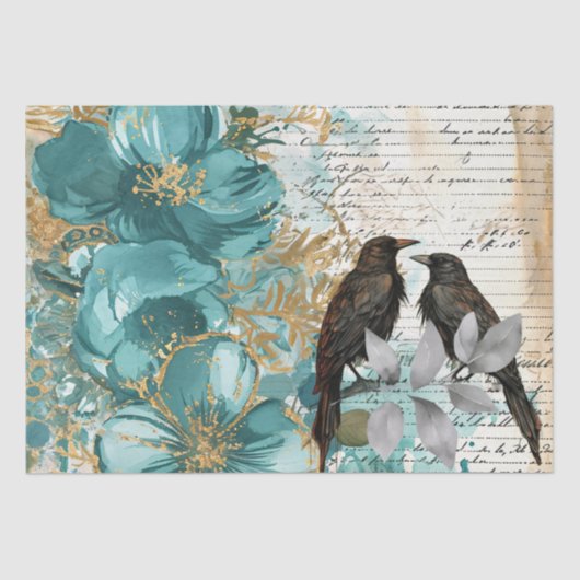 Teal & Gold Distressed Floral & Ravens Tissuepapier (Voorkant)
