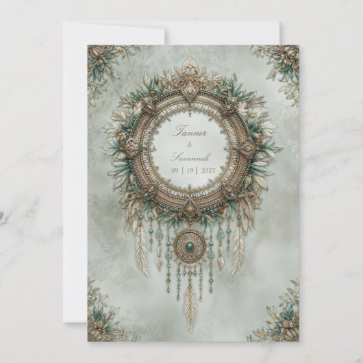 Teal Gold Dreamcatcher Boho Feather Wedding Kaart (Voorkant)