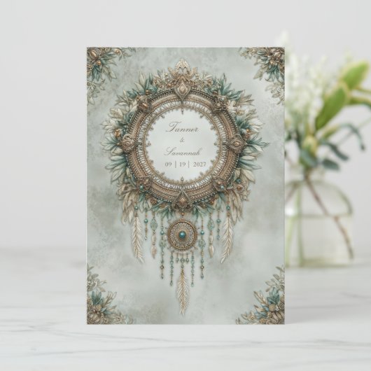 Teal Gold Dreamcatcher Boho Feather Wedding Kaart (Staand voorkant)