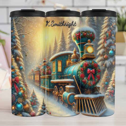 Teal Gold Festive Train Snowy Forest Thermosbeker