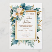 Teal Gold Floral Garden Boho Elegant Wedding Kaart (Voorkant)
