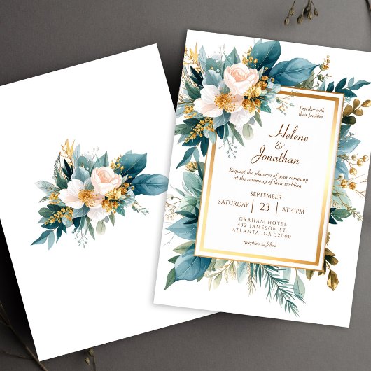 Teal Gold Floral Garden Boho Elegant Wedding Kaart