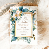 Teal Gold Floral Garden Boho Elegant Wedding Kaart