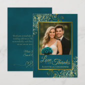 Teal & Gold Love & Thanks Photo & Note Wedding Bedankkaart (Voorkant / Achterkant)