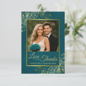 Teal & Gold Love & Thanks Photo & Note Wedding Bedankkaart (Staand voorkant)