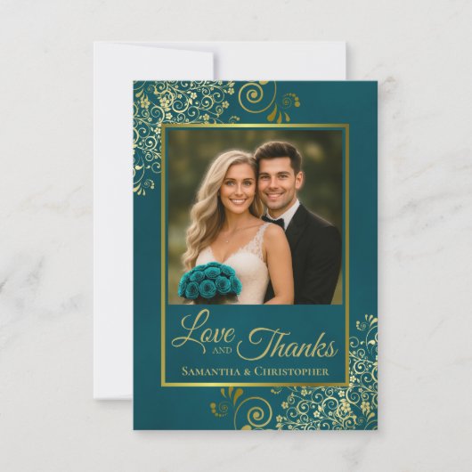 Teal & Gold Love & Thanks Photo & Note Wedding Bedankkaart (Voorkant)