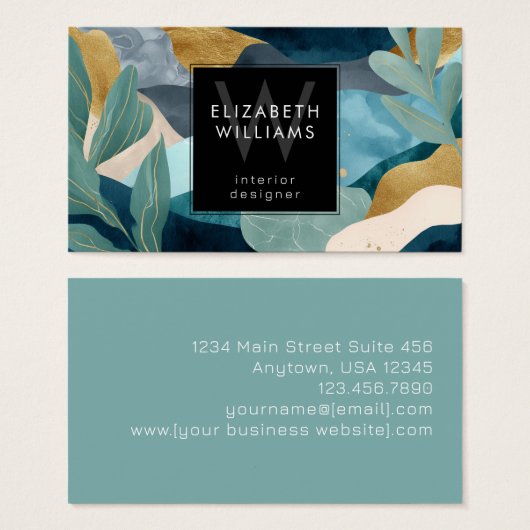 Teal Gold Modern Abstract Monogram Business Cards Visitekaartje (Voorkant /achterkant)