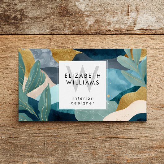 Teal Gold Modern Abstract Monogram Business Cards Visitekaartje