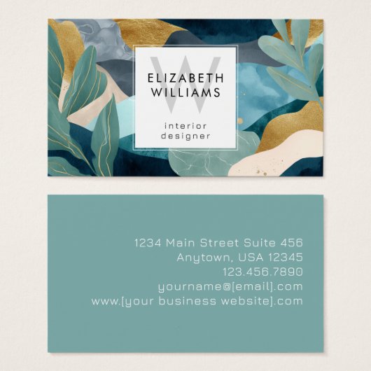 Teal Gold Modern Abstract Monogram Business Cards Visitekaartje (Voorkant /achterkant)