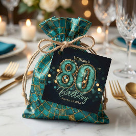 Teal Gold Mosaic 80th Birthday Party Black Bokeh Bedankjes Labels