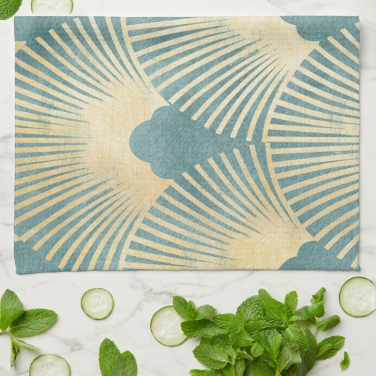 Teal gold pattern, fan feather pattern, Art Deco c Theedoek (Gevouwen)