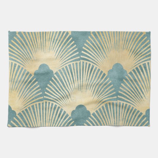 Teal gold pattern, fan feather pattern, Art Deco c Theedoek (Horizontaal)