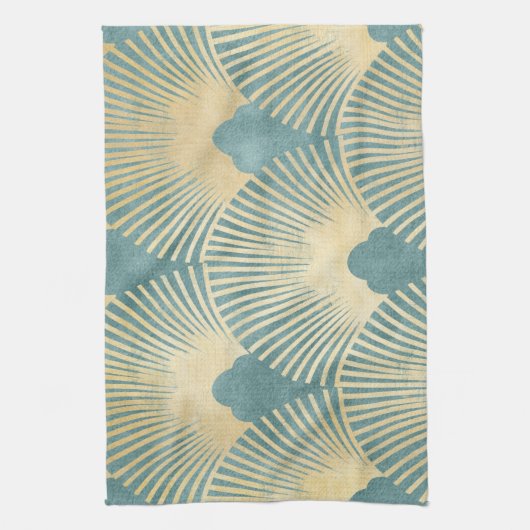 Teal gold pattern, fan feather pattern, Art Deco c Theedoek (Verticaal)