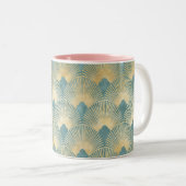 Teal gold pattern, fan feather pattern, Art Deco c Tweekleurige Koffiemok (Voorkant rechts)
