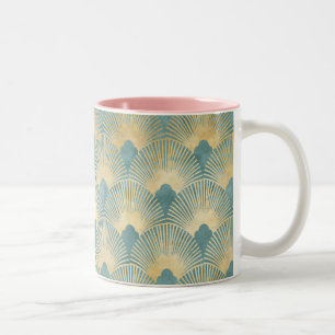 Teal gold pattern, fan feather pattern, Art Deco c Tweekleurige Koffiemok