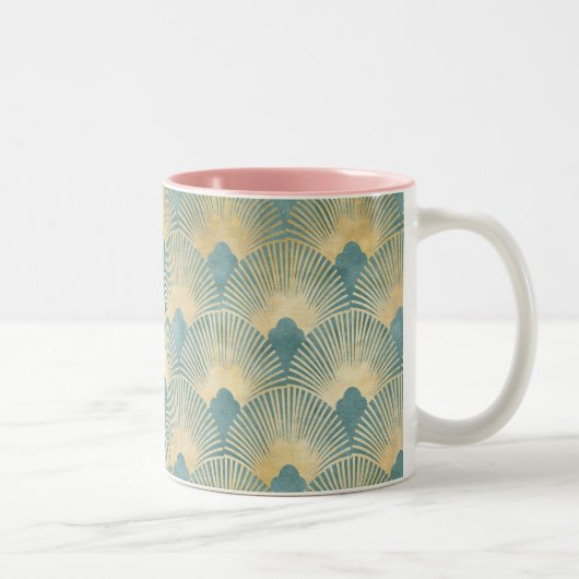 Teal gold pattern, fan feather pattern, Art Deco c Tweekleurige Koffiemok (Rechts)
