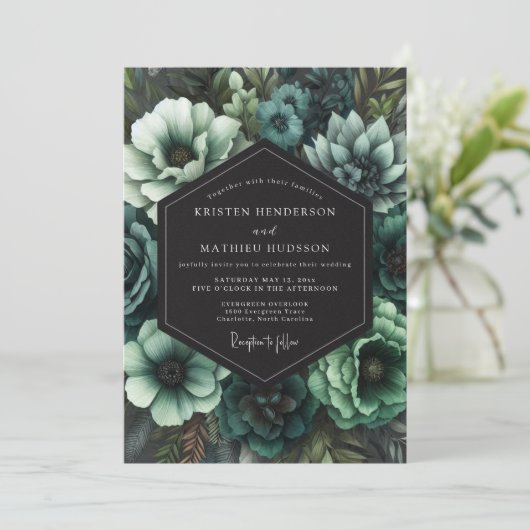 Teal Gothic Bloom Wedding Kaart (Staand voorkant)