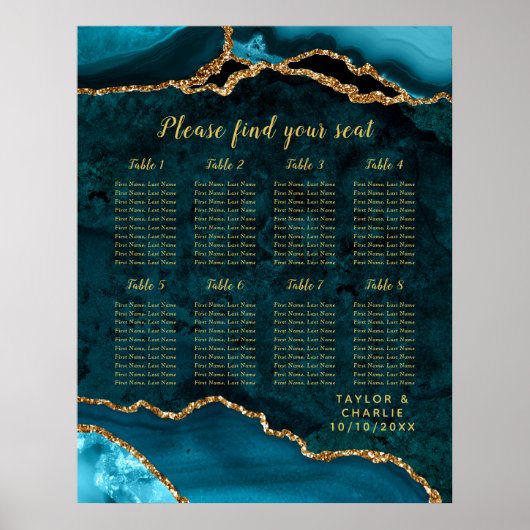 Teal Goud Agaat Trouw Stoelenplattegrond 8 Tafel Poster (Voorkant)