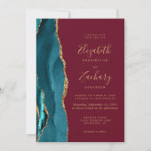 Teal Goud Agate Burgundy Foto QR Code Huwelijk Kaart (Voorkant)