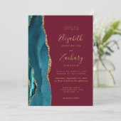Teal Goud Agate Burgundy Foto QR Code Huwelijk Kaart (Staand voorkant)